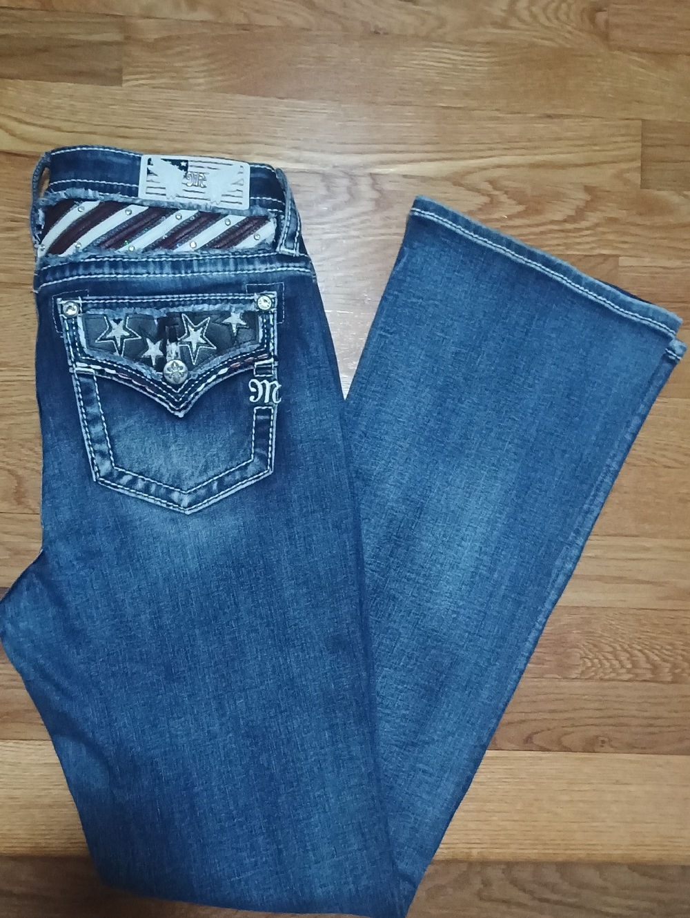 Miss Me Dark Blue Bootcut Jeans with Stars And Stripes Design. Size 31x34